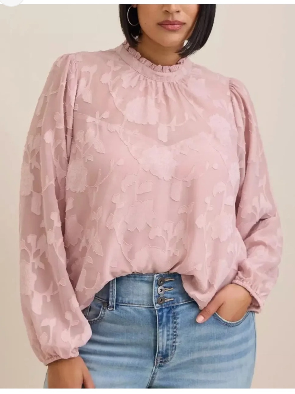 Torrid size 1 Ruffled Mock Neck Pink Floral Jacquard Blouse